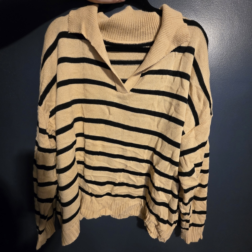 Striped V-Neck Sweater - Black and Cream